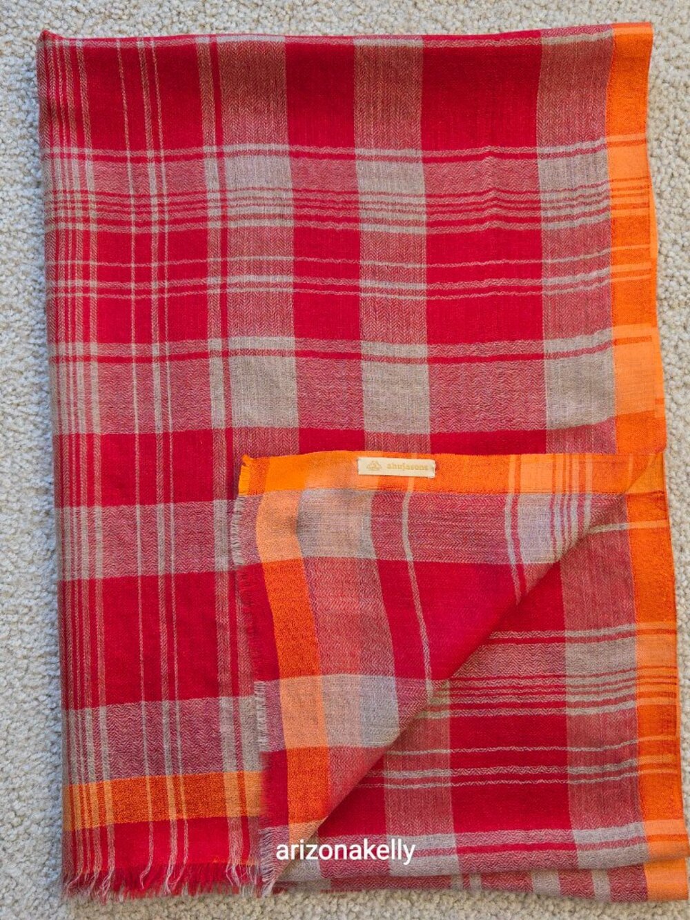 Ahujasons Cashmere Red, Grey, and Orange Plaid Scarf - Picture 15 of 16